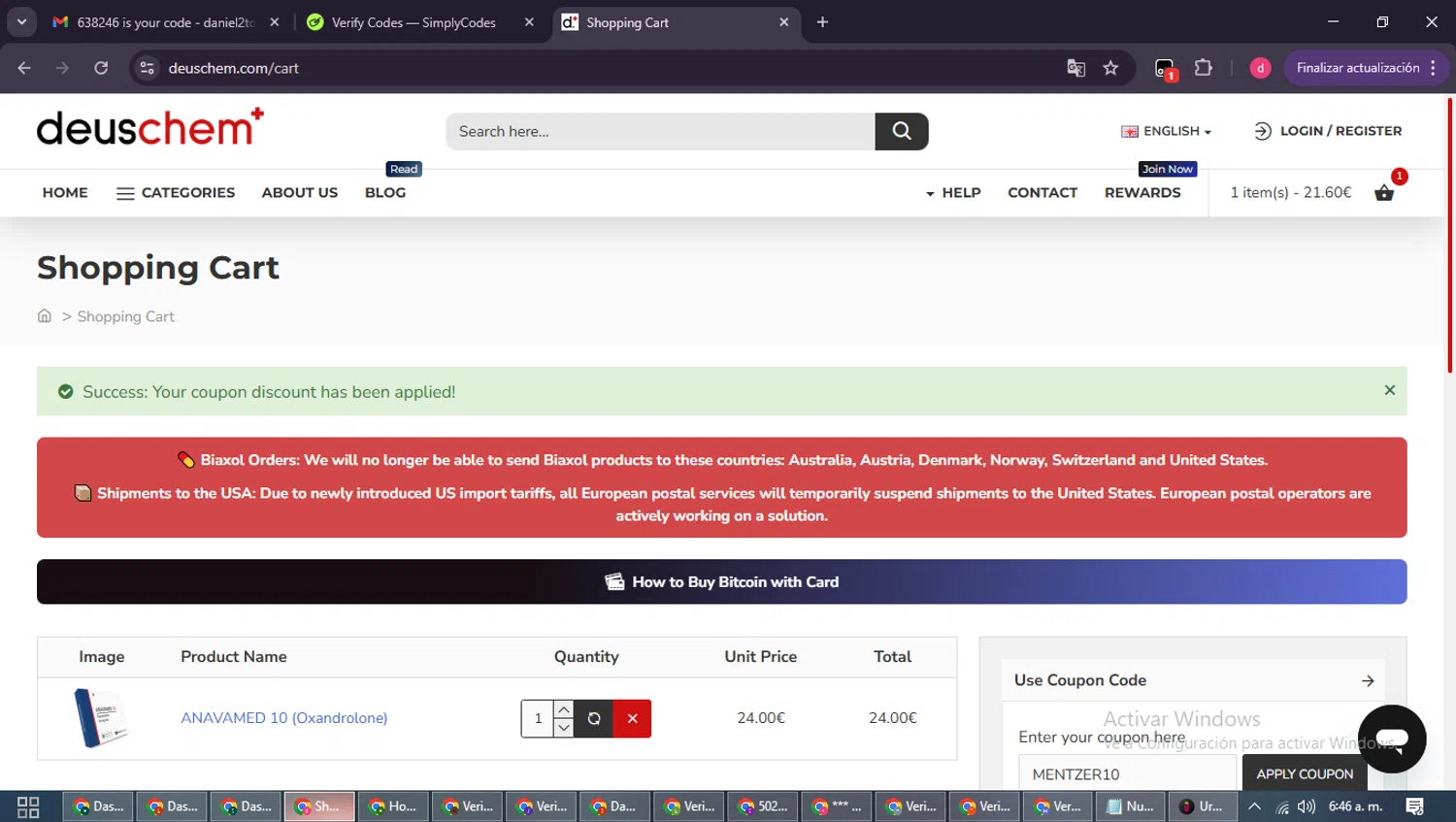 DeusChem promo code screenshot showing code MENTZER10 applied at DeusChem checkout page. Uploaded by SimplyCodes community member MagnificentSpotter4236 on Dec 6, 2025