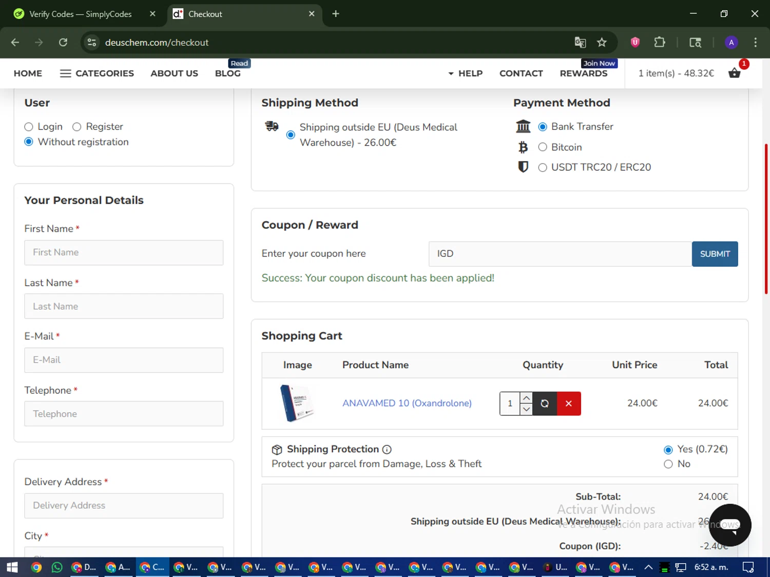 DeusChem promo code screenshot showing code IGD applied at DeusChem checkout page. Uploaded by SimplyCodes community member MagnificentWarden4603 on Nov 7, 2025