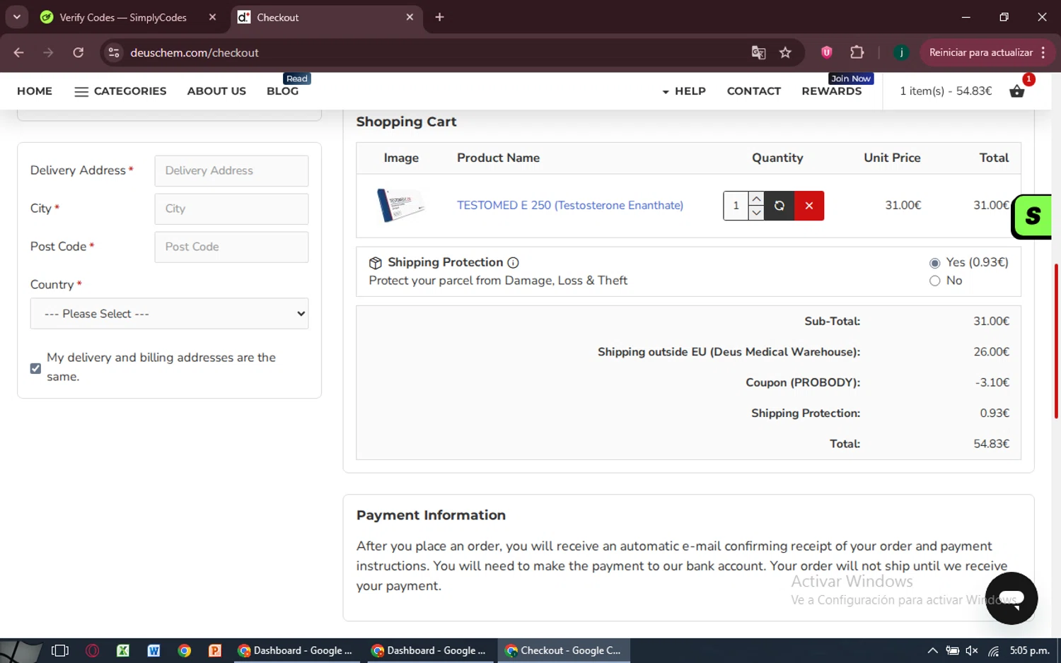 DeusChem promo code screenshot showing code PROBODY applied at DeusChem checkout page. Uploaded by SimplyCodes community member MoneySpotter5416 on Sep 23, 2025