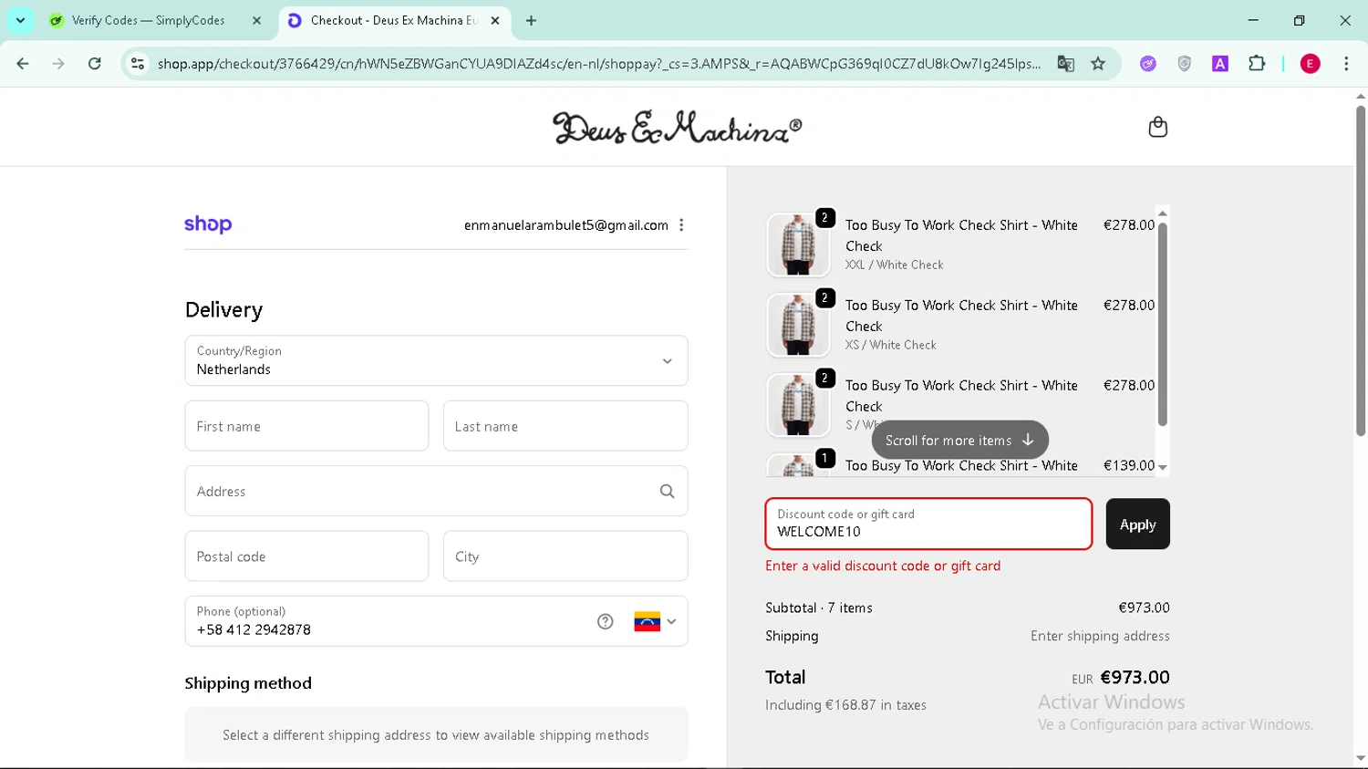 Deus Ex Machina discount code screenshot showing code WELCOME10 applied at Deus Ex Machina checkout page. Uploaded by SimplyCodes community member Arambulet on Nov 24, 2025