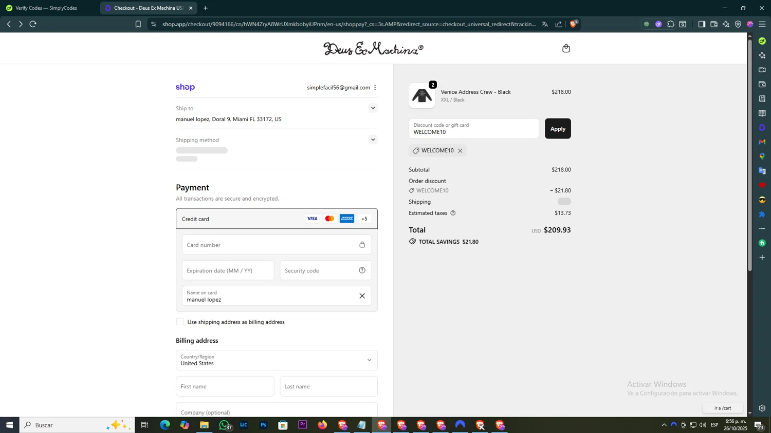 Deus Ex Machina discount code screenshot showing code WELCOME10 applied at Deus Ex Machina checkout page. Uploaded by SimplyCodes community member SmartGuardian6731 on Oct 26, 2025
