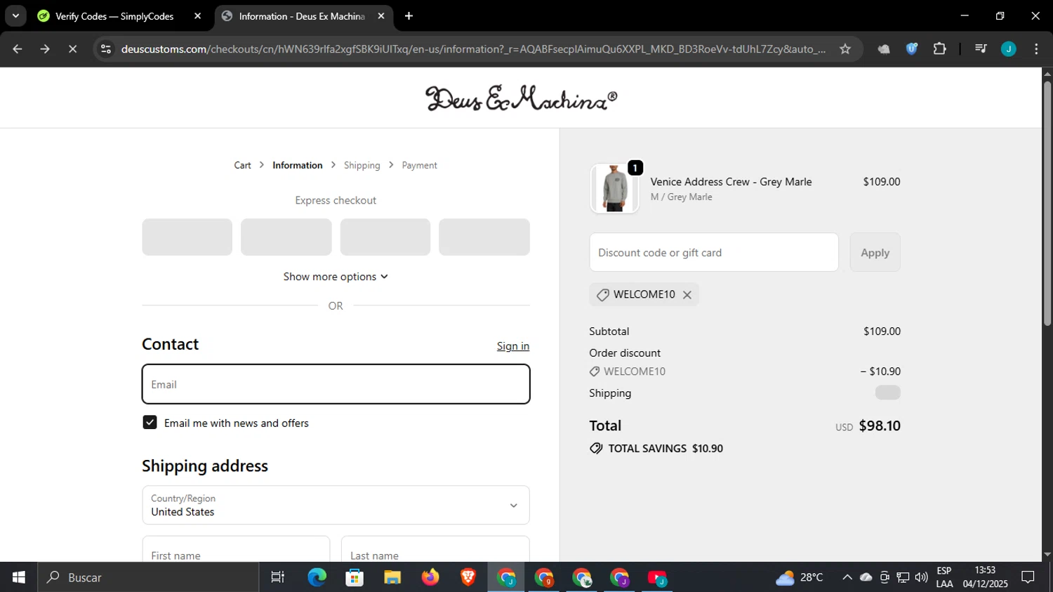 Deus Ex Machina discount code screenshot showing code WELCOME10 applied at Deus Ex Machina checkout page. Uploaded by SimplyCodes community member WonderCaptain6926 on Dec 4, 2025