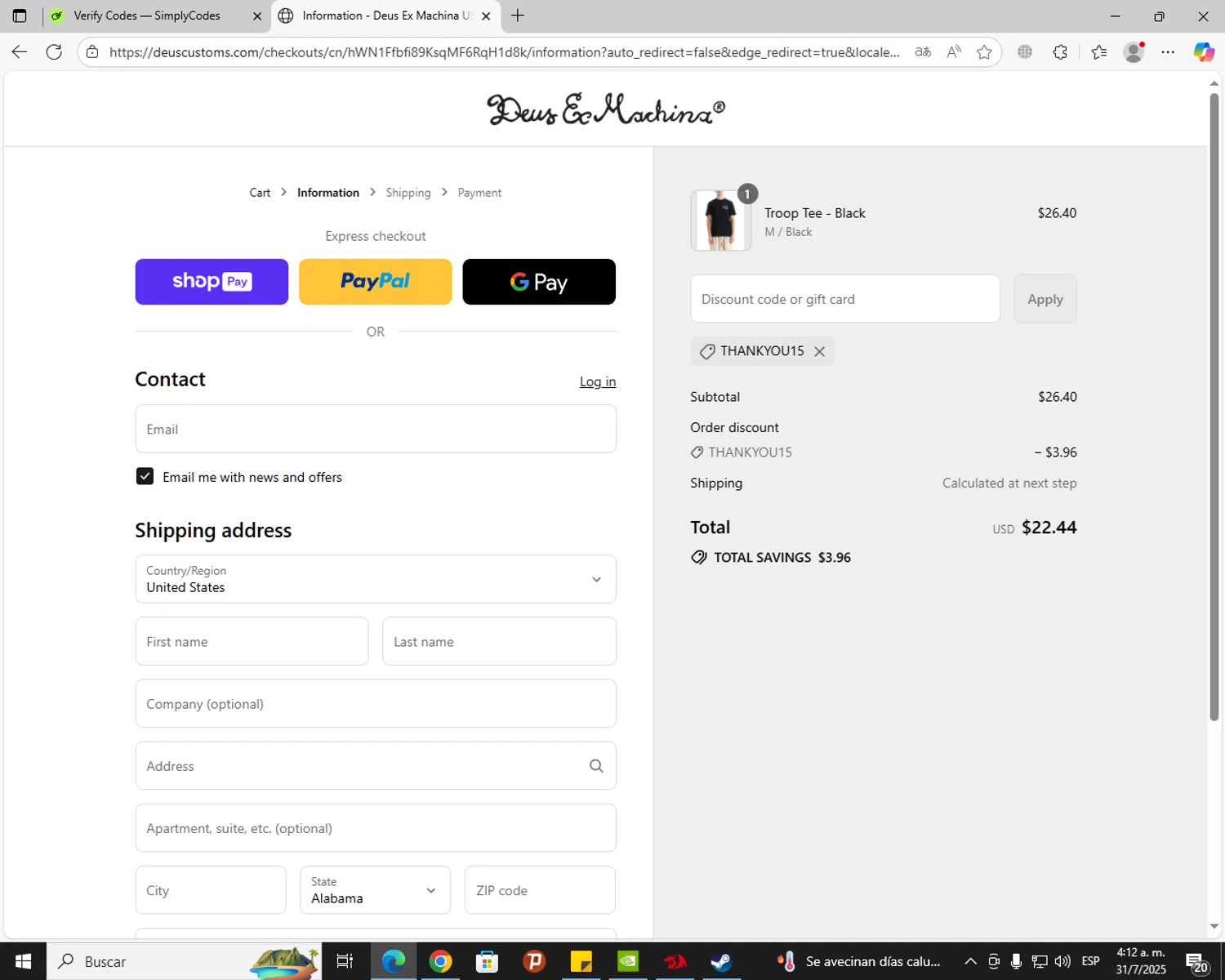 Deus Ex Machina discount code screenshot showing code THANKYOU15 applied at Deus Ex Machina checkout page. Uploaded by SimplyCodes community member jechtff10 on Jul 31, 2025