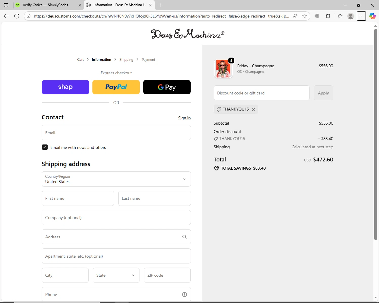 Deus Ex Machina discount code screenshot showing code THANKYOU15 applied at Deus Ex Machina checkout page. Uploaded by SimplyCodes community member jechtff10 on Oct 14, 2025