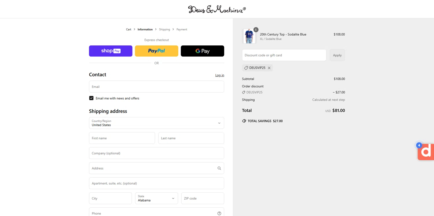 Deus Ex Machina discount code screenshot showing code DEUSVIP25 applied at Deus Ex Machina checkout page. Uploaded by SimplyCodes community member Dorothy on May 15, 2025