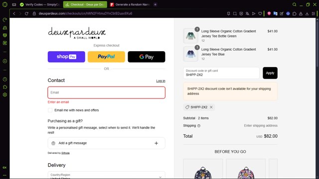 Deux Par Deux checkout page showing Deux Par Deux promo code box | Screenshot taken by SimplyCodes community member on Aug 26, 2025