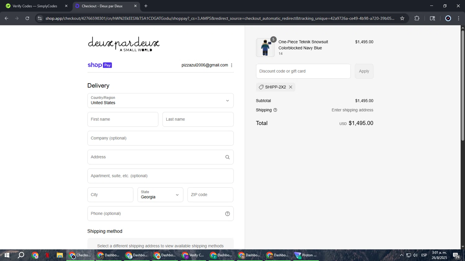 Deux Par Deux promo code screenshot showing code SHIPP-2X2 applied at Deux Par Deux checkout page. Uploaded by SimplyCodes community member RoyalBoss4384 on Aug 26, 2025