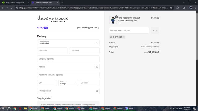 Deux Par Deux checkout page showing Deux Par Deux promo code box | Screenshot taken by SimplyCodes community member on Aug 26, 2025