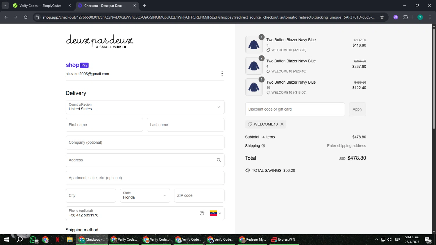 Deux Par Deux promo code screenshot showing code WELCOME10 applied at Deux Par Deux checkout page. Uploaded by SimplyCodes community member FrugalCaptain6906 on Apr 25, 2025