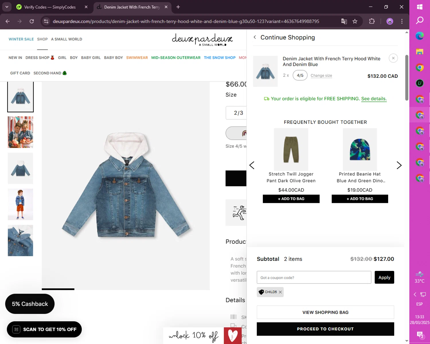 Deux Par Deux promo code screenshot showing code CHILD5 applied at Deux Par Deux checkout page. Uploaded by SimplyCodes community member CashSaver4711 on Mar 28, 2025