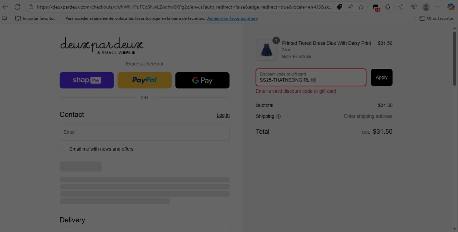 Deux Par Deux promo code screenshot showing code SS25-THATNEONGIRL10 applied at Deux Par Deux checkout page. Uploaded by SimplyCodes community member NobleLion9913 on Aug 4, 2025
