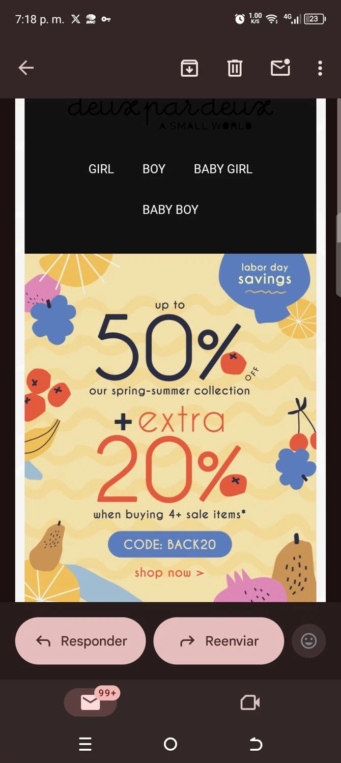 Deux Par Deux promo code screenshot showing code Back20 applied at Deux Par Deux checkout page. Uploaded by SimplyCodes community member kellymoreno on Aug 28, 2025