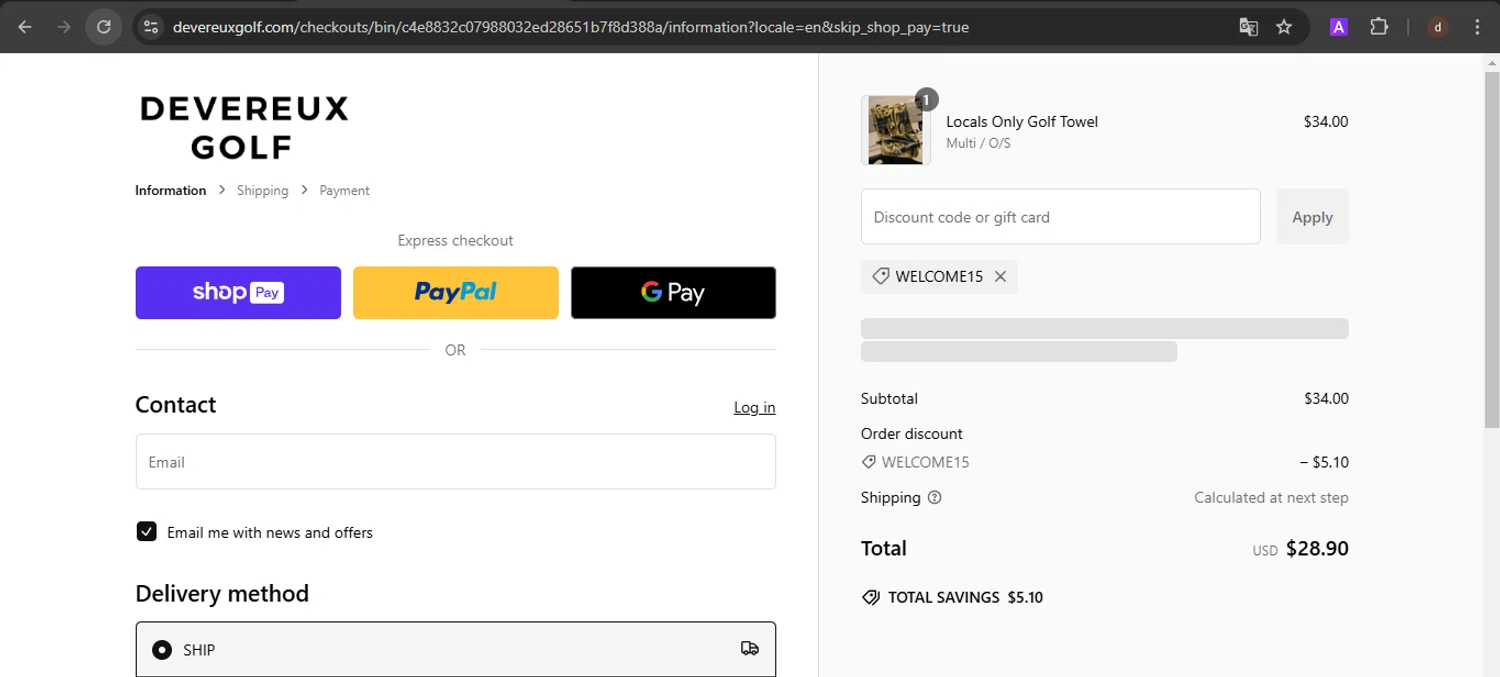Devereux discount code screenshot showing code WELCOME15 applied at Devereux checkout page. Uploaded by SimplyCodes community member VoucherSpotter9376 on Jan 11, 2025