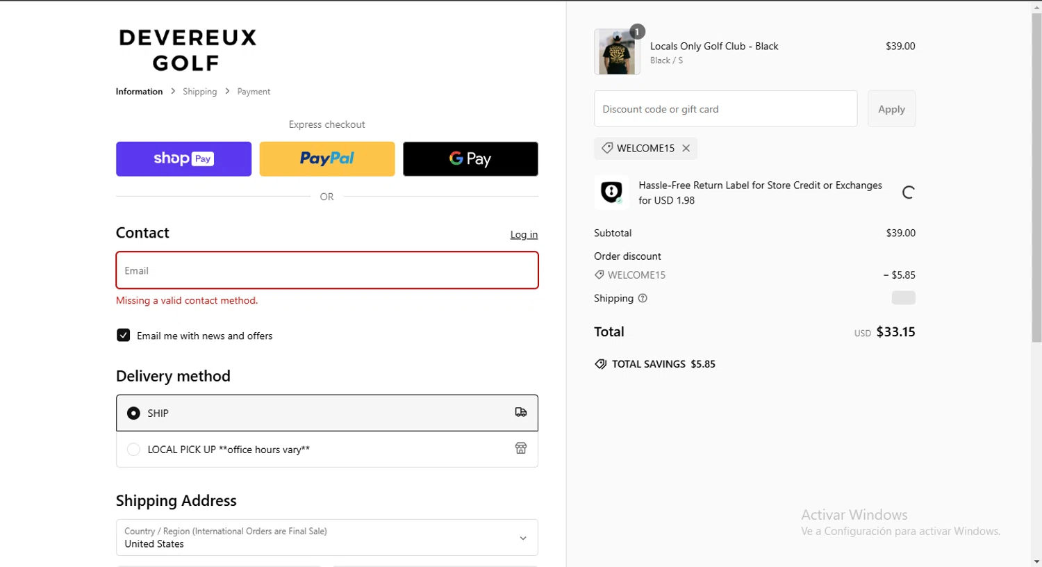 Devereux discount code screenshot showing code WELCOME15 applied at Devereux checkout page. Uploaded by SimplyCodes community member WiseBoss5822 on Jan 30, 2025