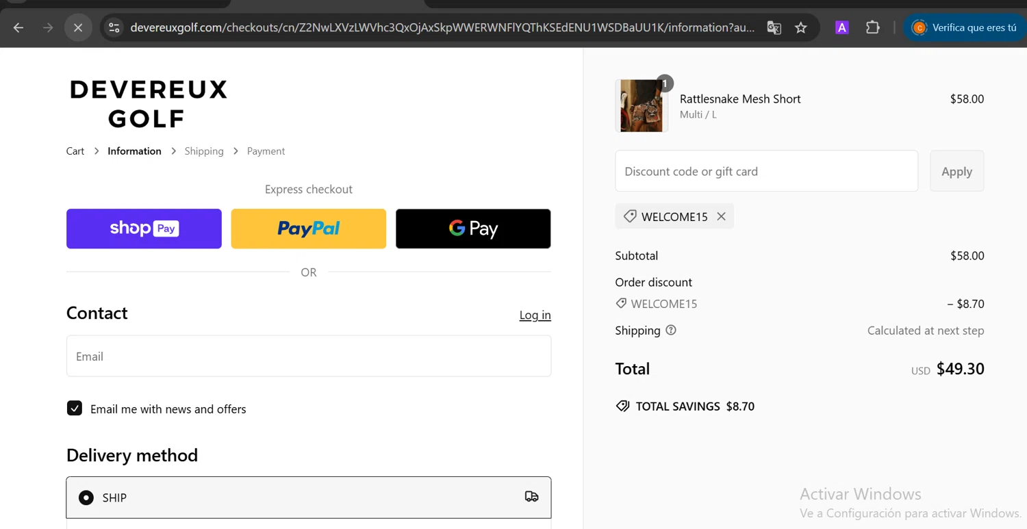 Devereux discount code screenshot showing code WELCOME15 applied at Devereux checkout page. Uploaded by SimplyCodes community member CashElite5536 on Jan 30, 2025