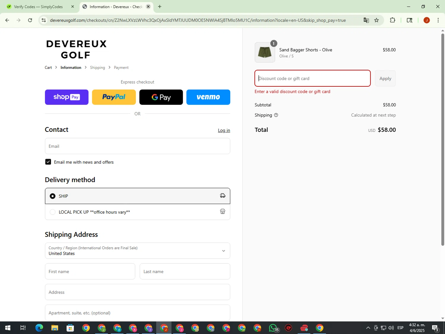 Devereux discount code screenshot showing code enjoy15 applied at Devereux checkout page. Uploaded by SimplyCodes community member KimDokja on Jun 4, 2025