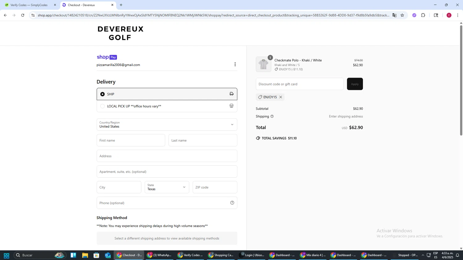 Devereux discount code screenshot showing code enjoy15 applied at Devereux checkout page. Uploaded by SimplyCodes community member TOROREX250 on Jun 4, 2025