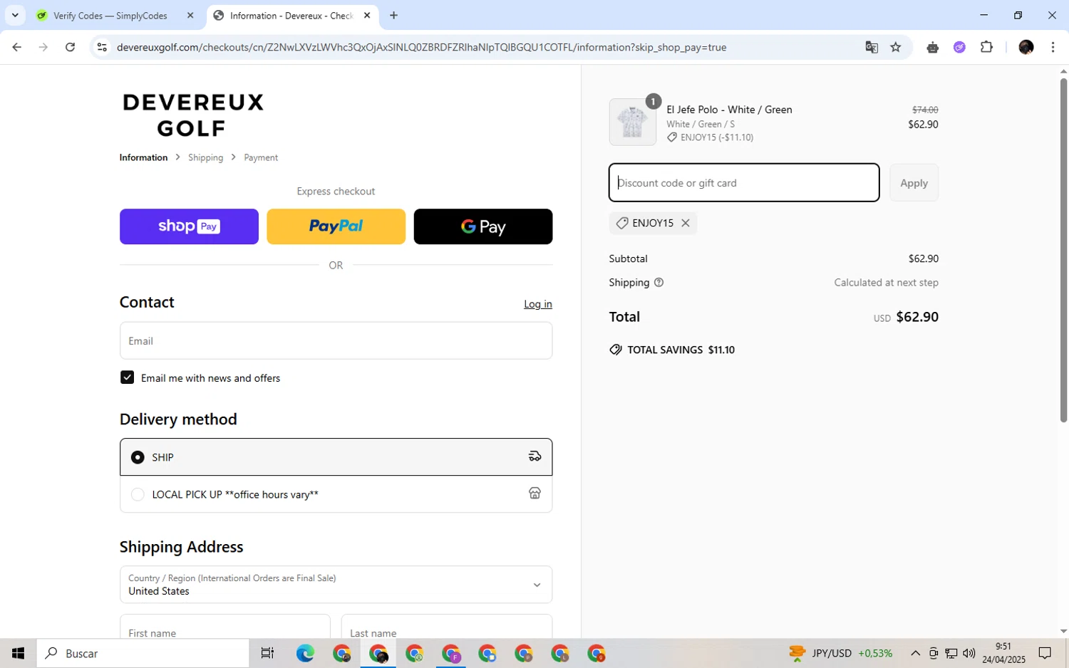 Devereux discount code screenshot showing code enjoy15 applied at Devereux checkout page. Uploaded by SimplyCodes community member alexdaal on Apr 24, 2025