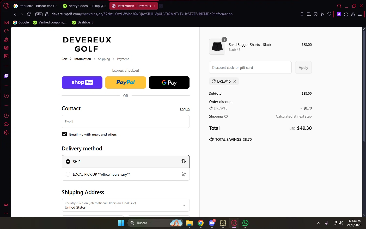 Devereux discount code screenshot showing code DREW15 applied at Devereux checkout page. Uploaded by SimplyCodes community member LuckyVoyager5522 on Jun 24, 2025