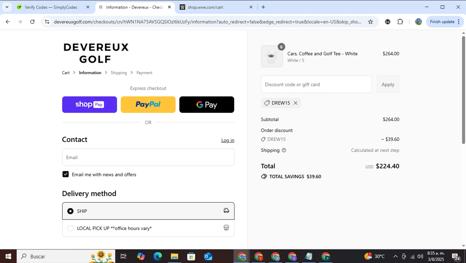Devereux discount code screenshot showing code DREW15 applied at Devereux checkout page. Uploaded by SimplyCodes community member RoyalHero6815 on Aug 3, 2025