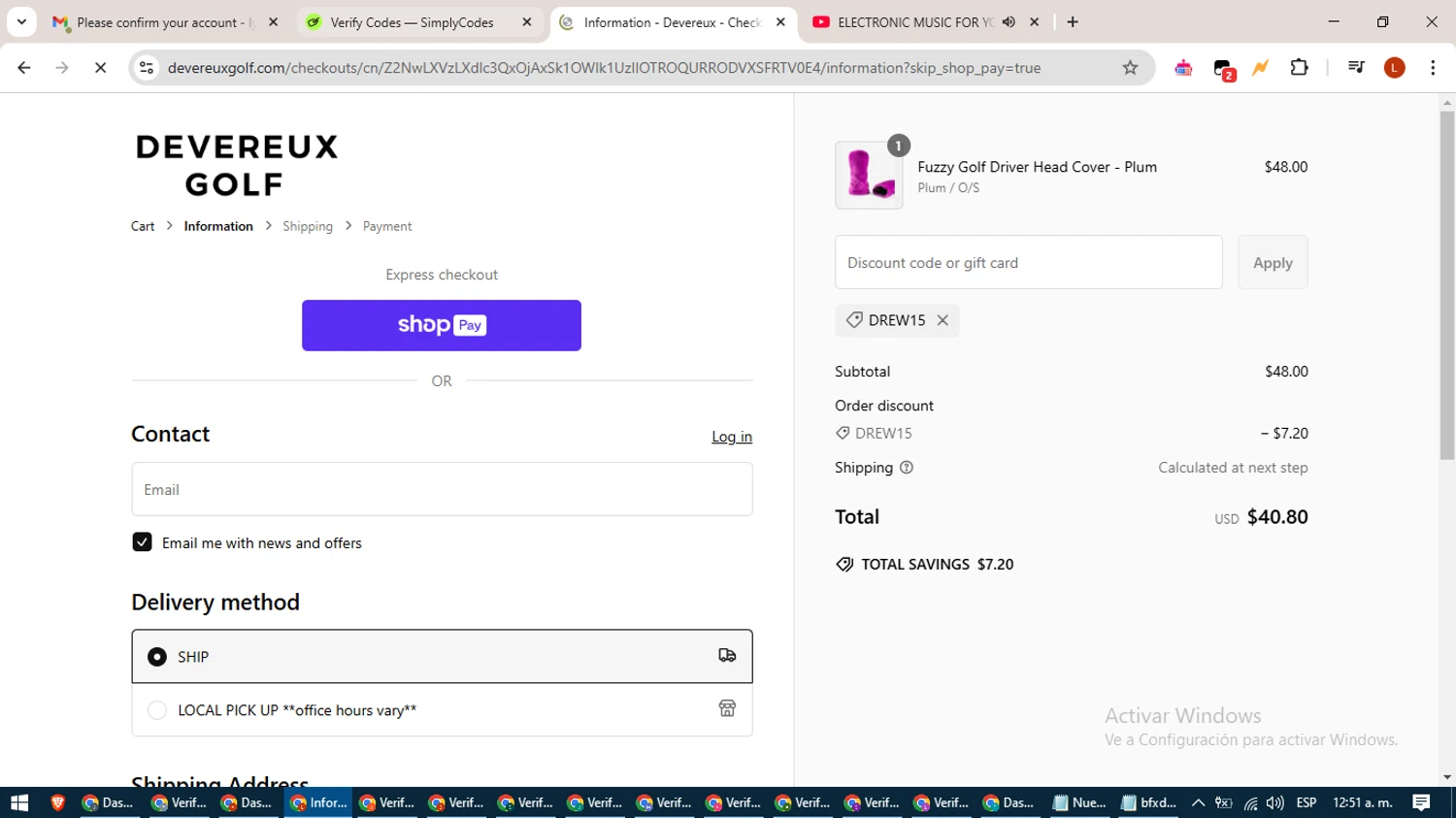 Devereux discount code screenshot showing code DREW15 applied at Devereux checkout page. Uploaded by SimplyCodes community member BonusHero9692 on Feb 22, 2025