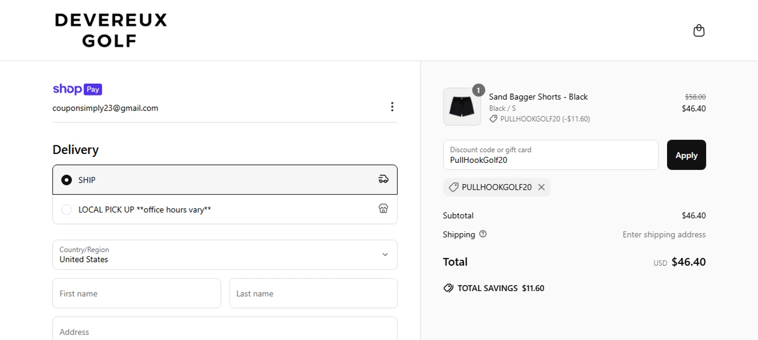 Devereux discount code screenshot showing code PullHookGolf20 applied at Devereux checkout page. Uploaded by SimplyCodes community member IsabellaMillan on Jun 20, 2025