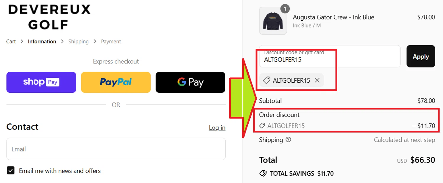 Devereux discount code screenshot showing code ALTGOLFER15 applied at Devereux checkout page. Uploaded by SimplyCodes community member kattylar on Aug 7, 2025