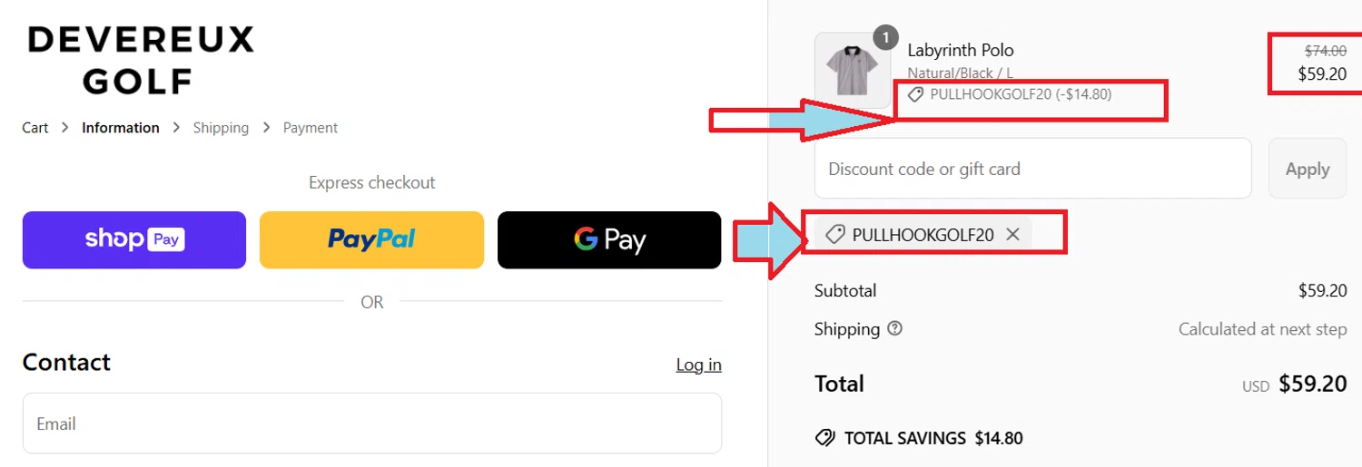 Devereux discount code screenshot showing code PullHookGolf20 applied at Devereux checkout page. Uploaded by SimplyCodes community member kattylar on Jun 4, 2025