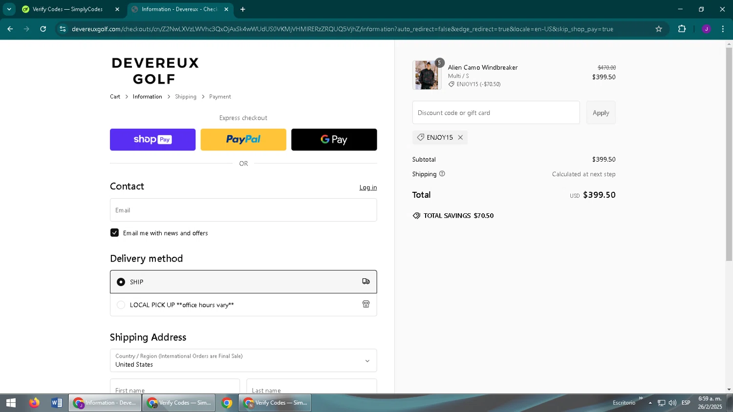 Devereux Golf discount code screenshot showing code ENJOY15 applied at Devereux Golf checkout page. Uploaded by SimplyCodes community member ComeBurra123 on Feb 26, 2025