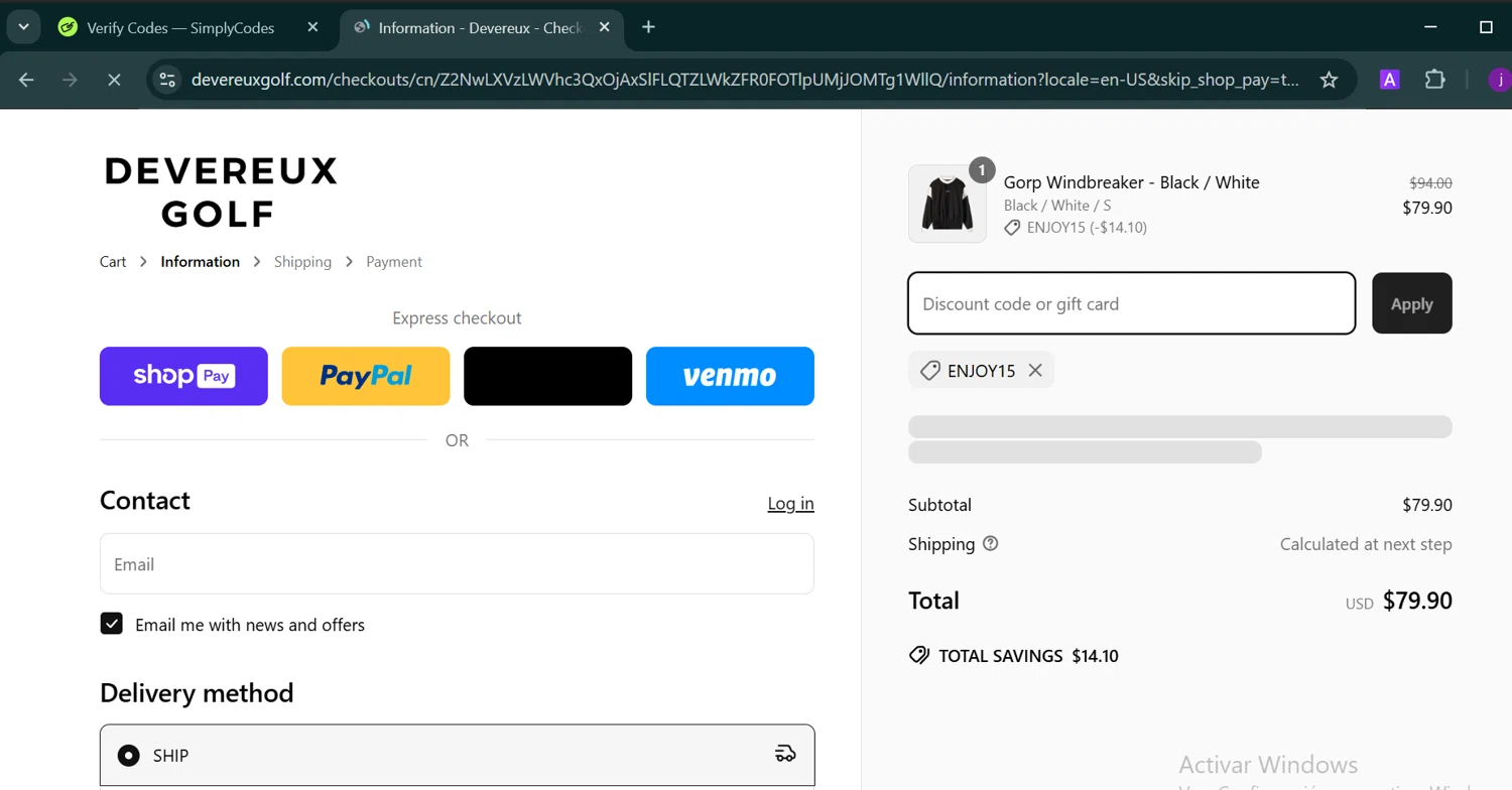 Devereux Golf discount code screenshot showing code ENJOY15 applied at Devereux Golf checkout page. Uploaded by SimplyCodes community member Trump23 on Mar 30, 2025