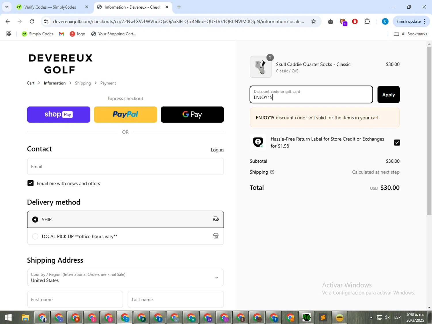 Devereux Golf discount code screenshot showing code ENJOY15 applied at Devereux Golf checkout page. Uploaded by SimplyCodes community member ShrewdWhiz2806 on Mar 30, 2025