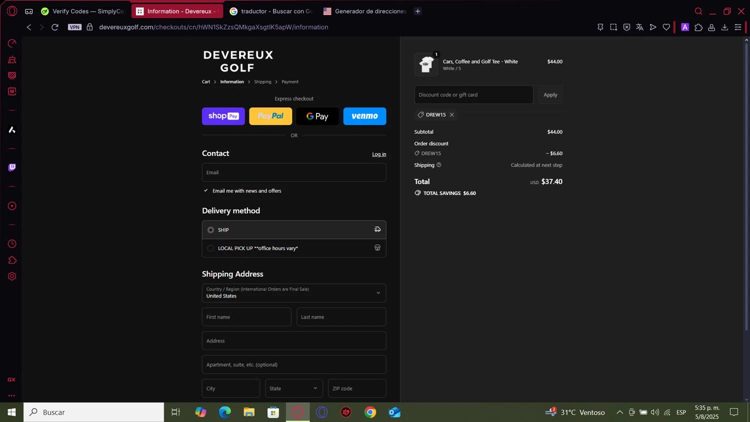 Devereux Golf discount code screenshot showing code DREW15 applied at Devereux Golf checkout page. Uploaded by SimplyCodes community member MightyOwl9591 on Aug 5, 2025