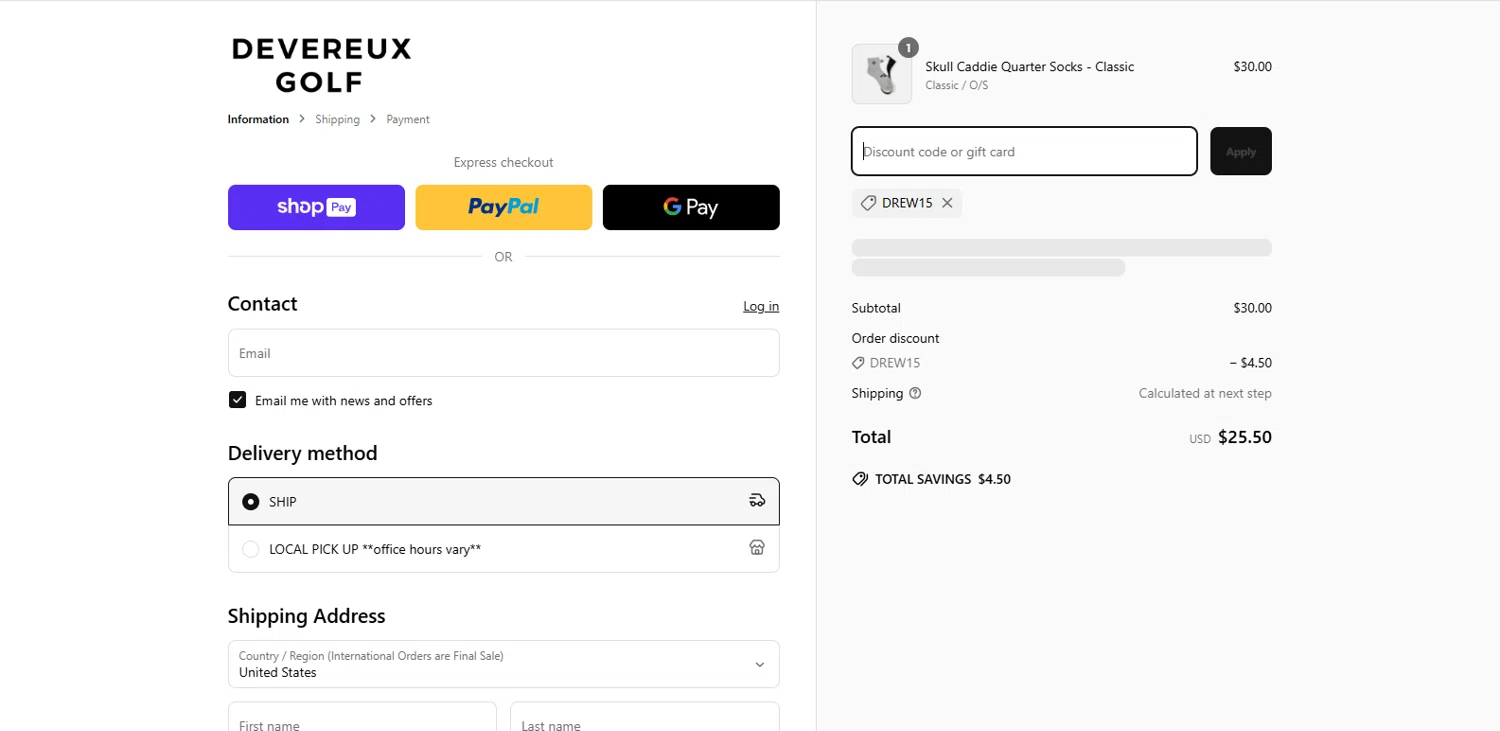 Devereux Golf discount code screenshot showing code DREW15 applied at Devereux Golf checkout page. Uploaded by SimplyCodes community member Wolffire on Mar 30, 2025