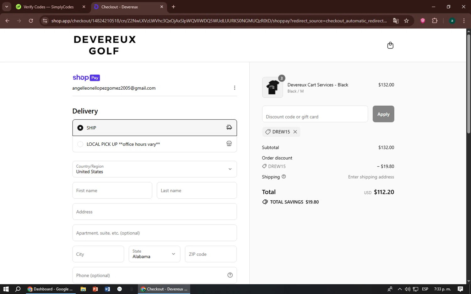 Devereux Golf discount code screenshot showing code DREW15 applied at Devereux Golf checkout page. Uploaded by SimplyCodes community member zizu55 on Jul 10, 2025