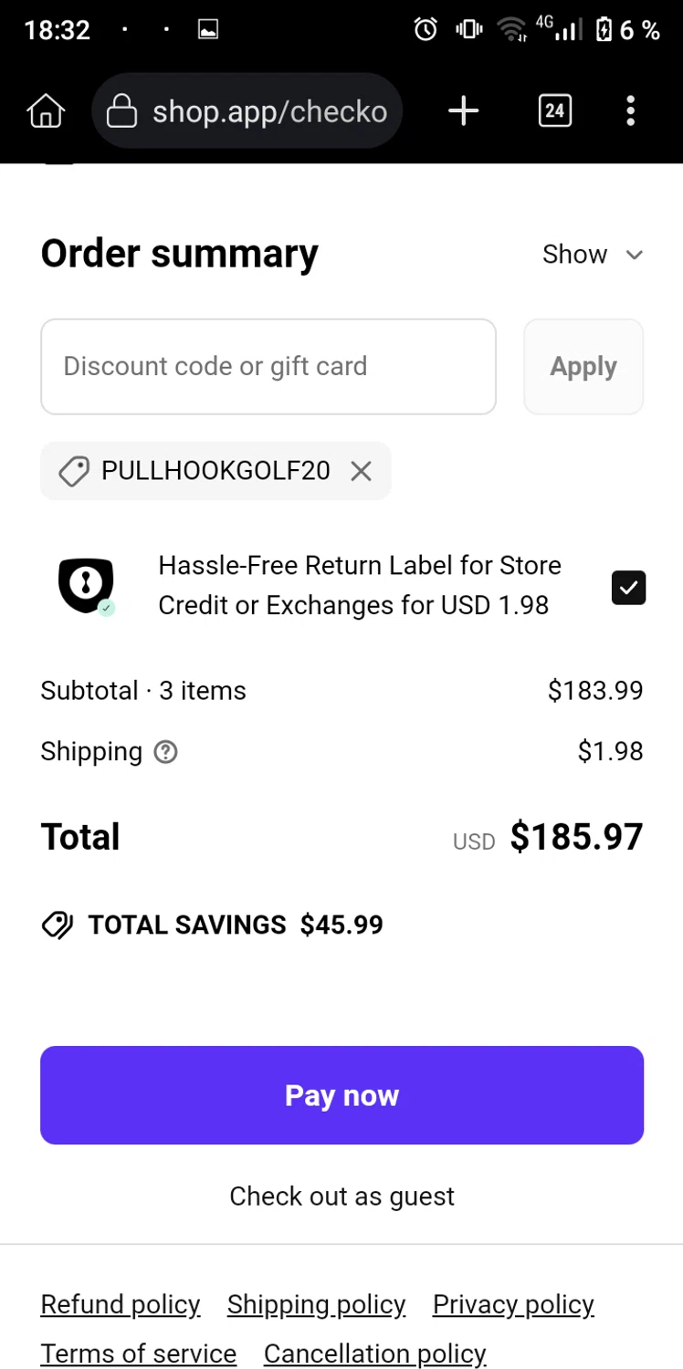 Devereux Golf discount code screenshot showing code PullHookGolf20 applied at Devereux Golf checkout page. Uploaded by SimplyCodes community member Enmanuel17 on Mar 18, 2025