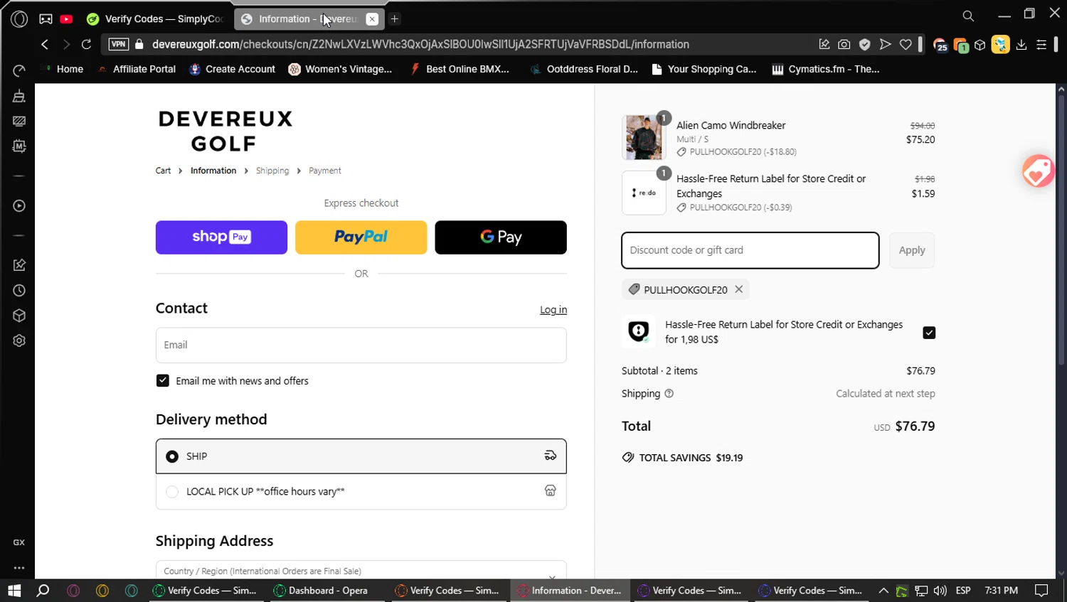 Devereux Golf discount code screenshot showing code PullHookGolf20 applied at Devereux Golf checkout page. Uploaded by SimplyCodes community member Saoul_ on Mar 18, 2025