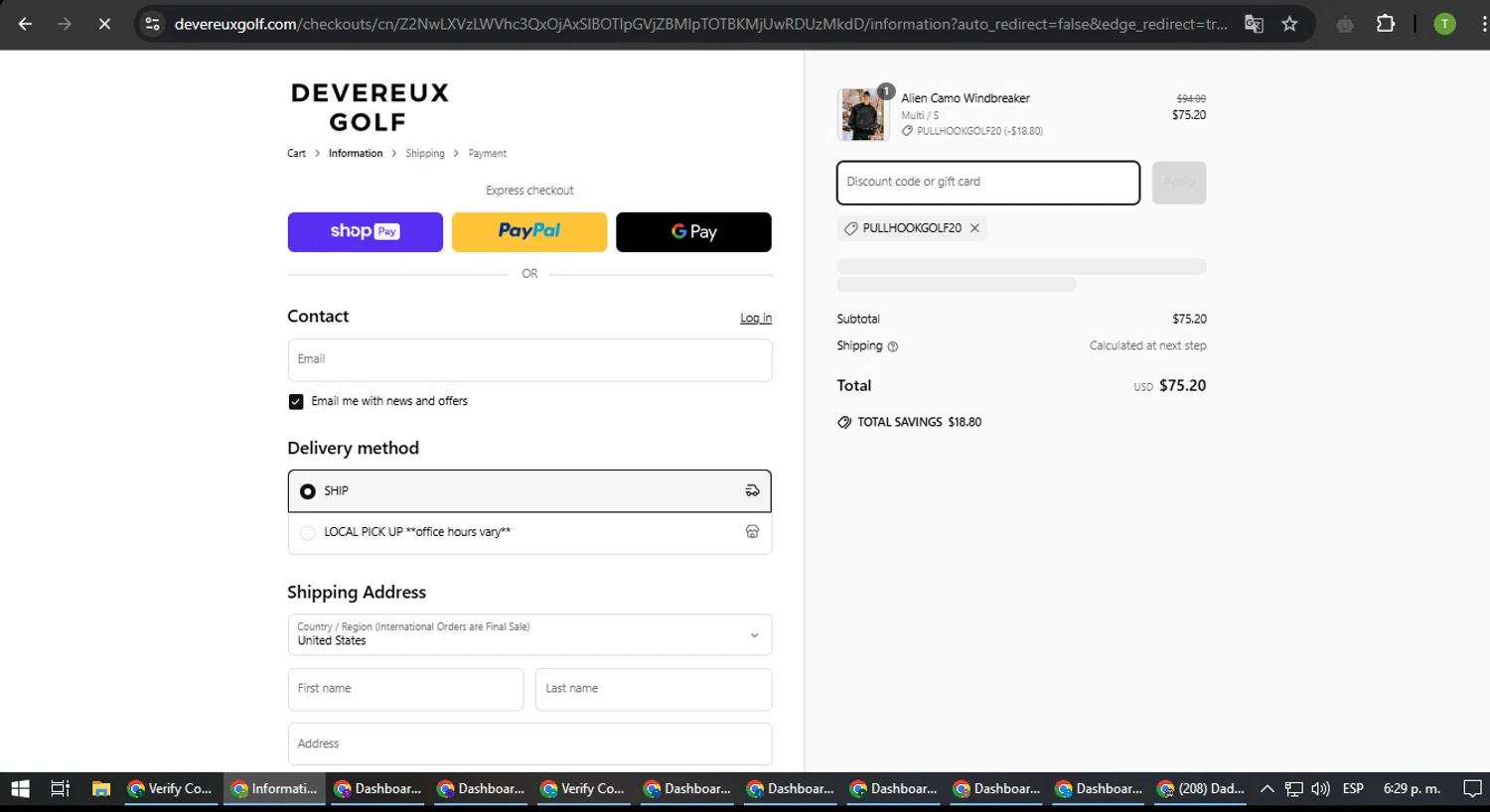 Devereux Golf discount code screenshot showing code PullHookGolf20 applied at Devereux Golf checkout page. Uploaded by SimplyCodes community member SavvyNavigator1720 on Mar 18, 2025
