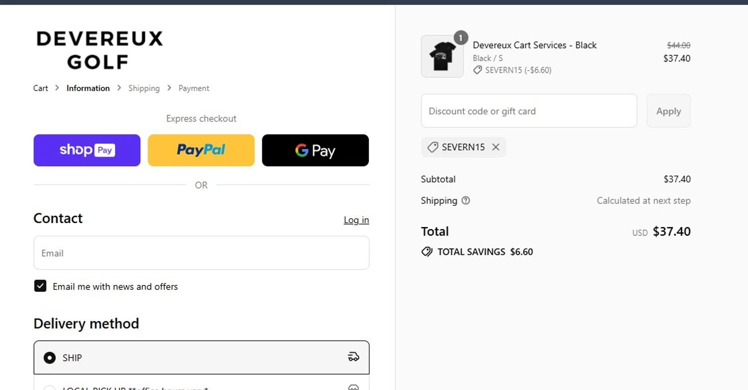 Devereux Golf discount code screenshot showing code SEVERN15 applied at Devereux Golf checkout page. Uploaded by SimplyCodes community member angelfigueroa2008 on Aug 16, 2025