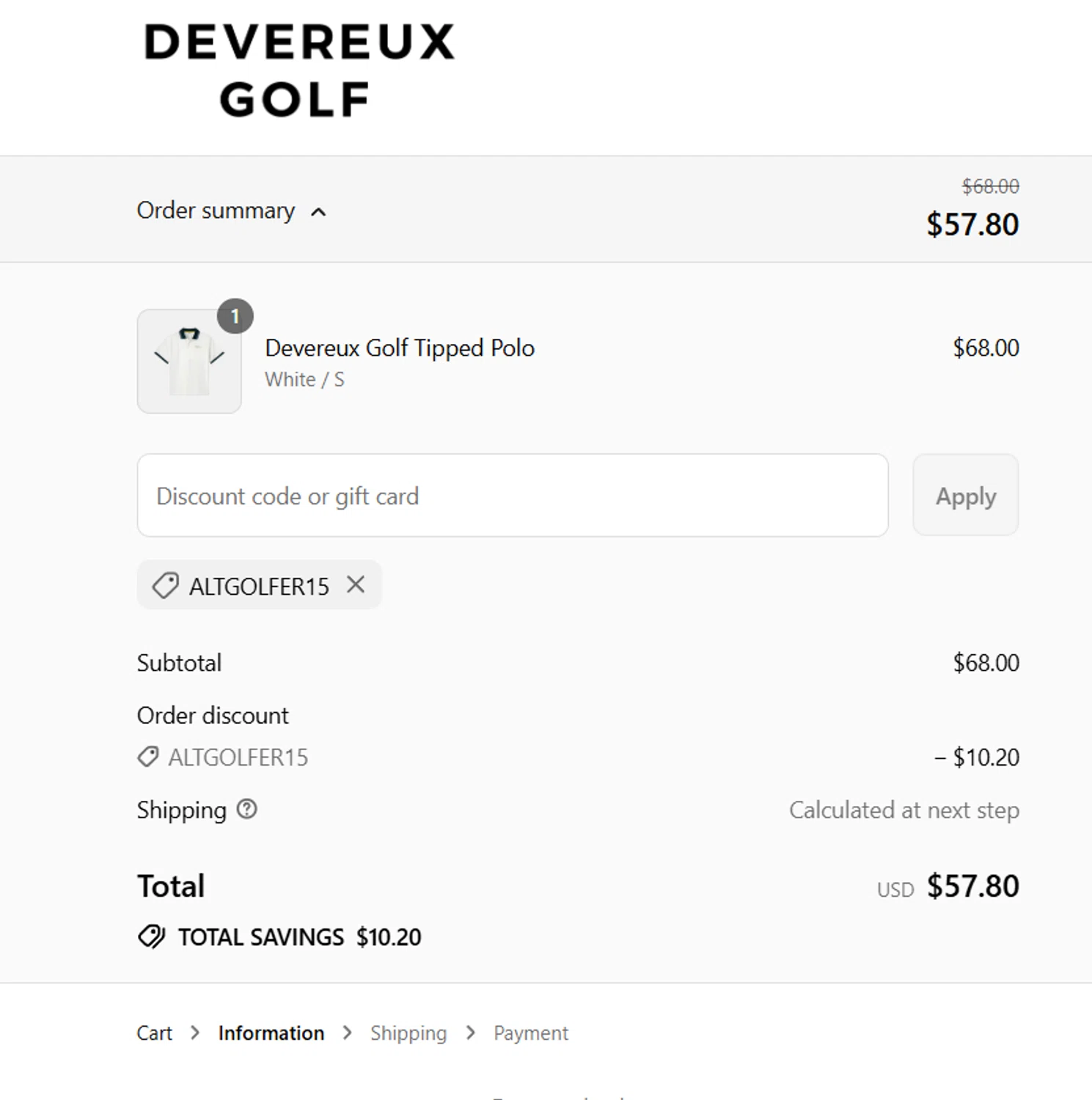 Devereux Golf discount code screenshot showing code ALTGOLFER15 applied at Devereux Golf checkout page. Uploaded by SimplyCodes community member yokoono10 on Aug 7, 2025