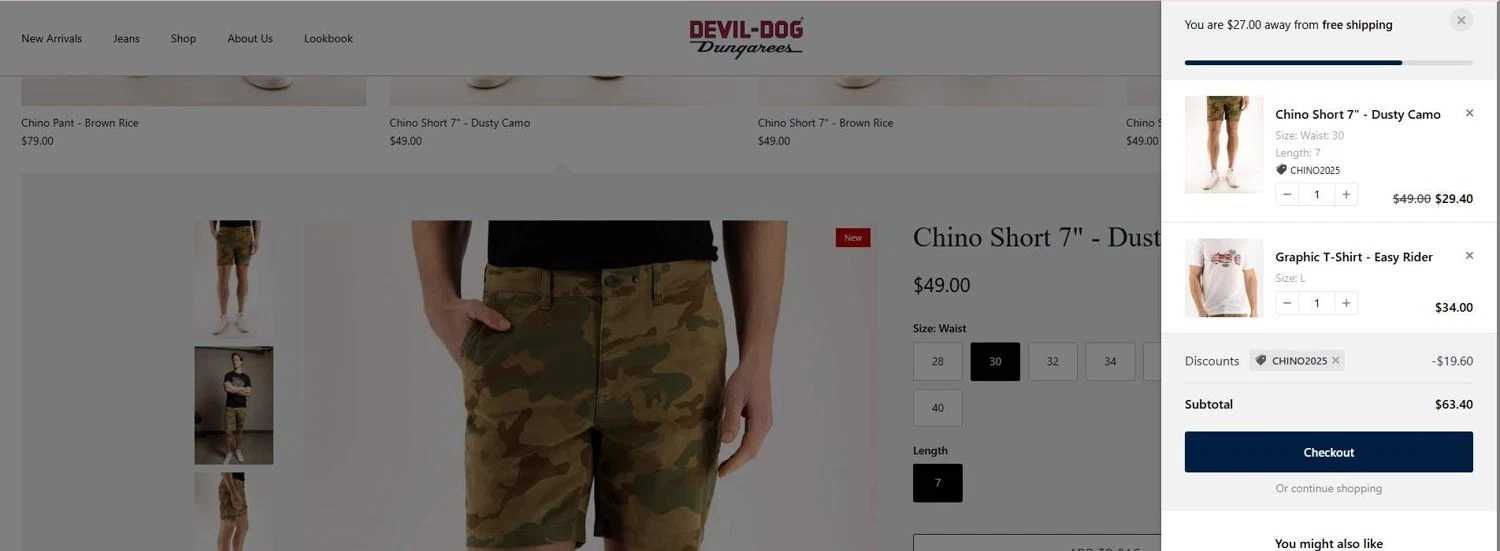 Devil-Dog promo code screenshot showing code chino2025 applied at Devil-Dog checkout page. Uploaded by SimplyCodes community member 6d796e616d656973 on Aug 18, 2025