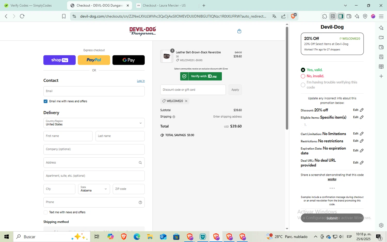 Devil-Dog promo code screenshot showing code WELCOME20 applied at Devil-Dog checkout page. Uploaded by SimplyCodes community member Puta_madre10 on Jun 26, 2025