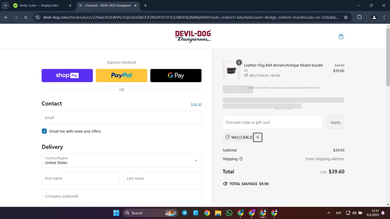 Devil-Dog promo code screenshot showing code WELCOME20 applied at Devil-Dog checkout page. Uploaded by SimplyCodes community member CleverFalcon6244 on Feb 9, 2025