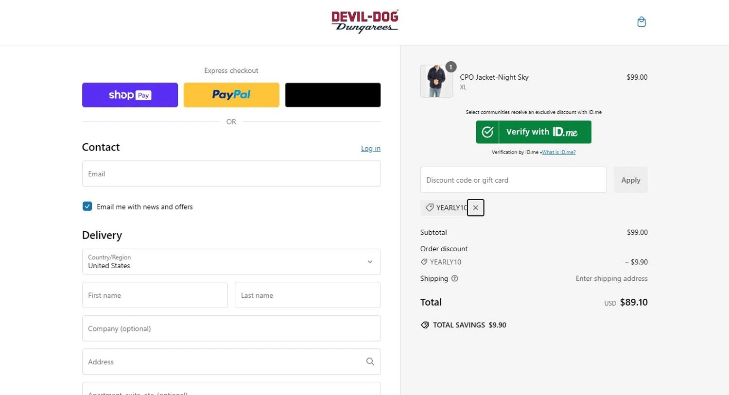 Devil-Dog promo code screenshot showing code Yearly10 applied at Devil-Dog checkout page. Uploaded by SimplyCodes community member PennyHero5335 on Jan 7, 2025