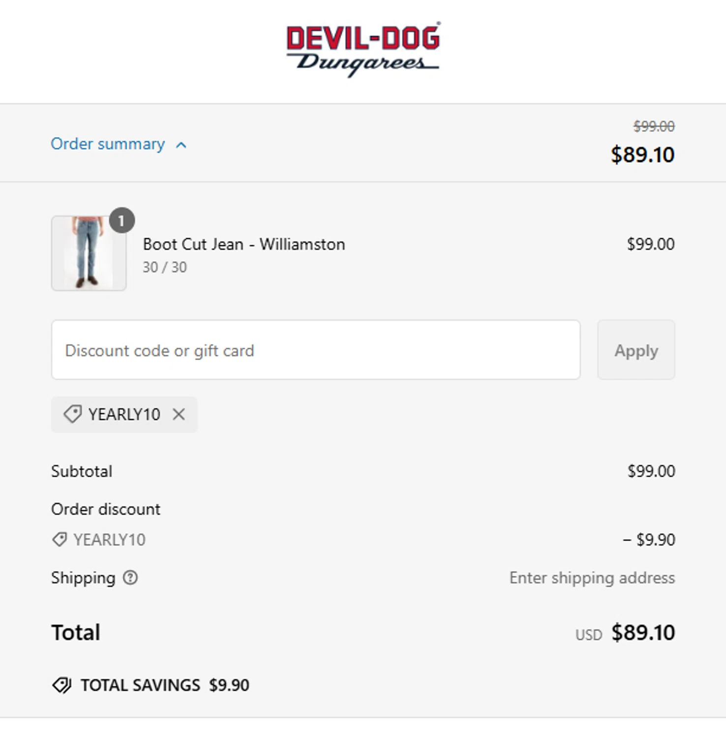 Devil-Dog promo code screenshot showing code Yearly10 applied at Devil-Dog checkout page. Uploaded by SimplyCodes community member cuticula on Feb 9, 2025