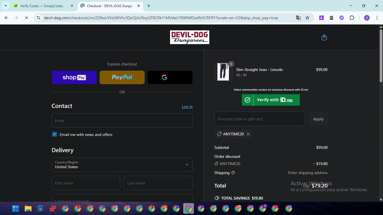 Devil-Dog promo code screenshot showing code ANYTIME20 applied at Devil-Dog checkout page. Uploaded by SimplyCodes community member EpicSpotter8045 on Jul 1, 2025