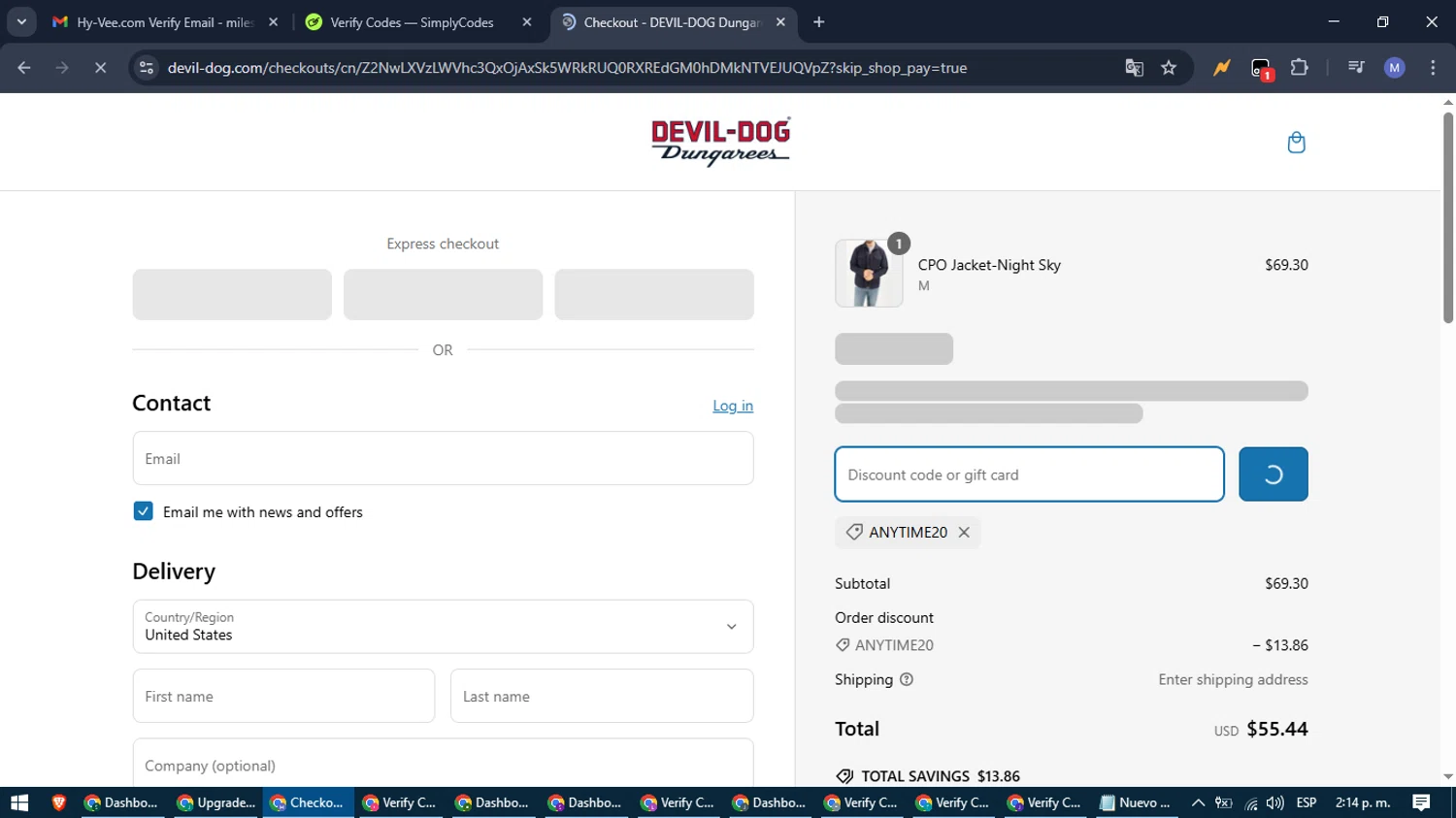 Devil-Dog promo code screenshot showing code ANYTIME20 applied at Devil-Dog checkout page. Uploaded by SimplyCodes community member PrimeFox5260 on Mar 8, 2025