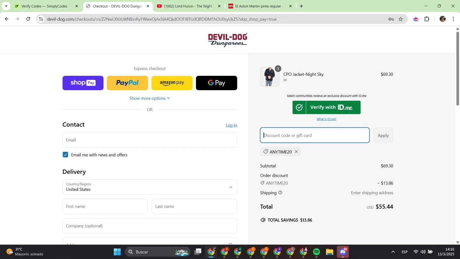 Devil-Dog promo code screenshot showing code ANYTIME20 applied at Devil-Dog checkout page. Uploaded by SimplyCodes community member alfredish on Mar 13, 2025