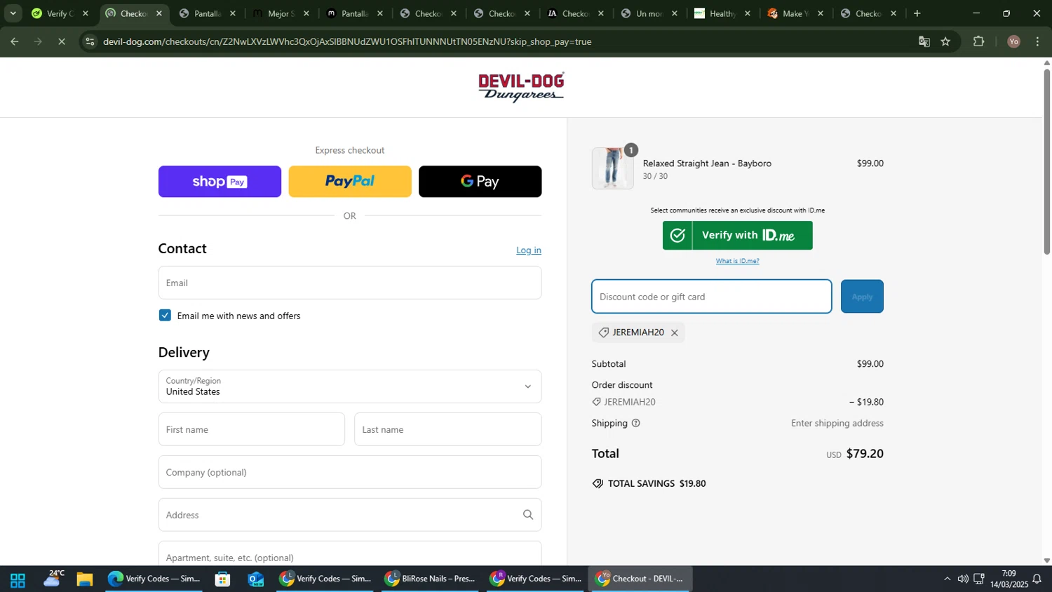 Devil-Dog promo code screenshot showing code JEREMIAH20 applied at Devil-Dog checkout page. Uploaded by SimplyCodes community member ElCazarecompensas on Mar 14, 2025