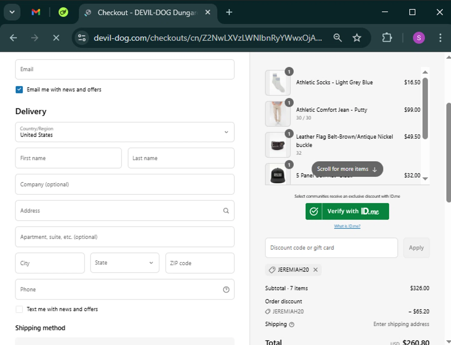 Devil-Dog promo code screenshot showing code JEREMIAH20 applied at Devil-Dog checkout page. Uploaded by SimplyCodes community member tinkle_tinkle on Mar 19, 2025
