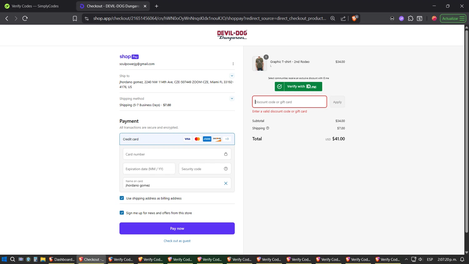 Devil-Dog promo code screenshot showing code TOP2025 applied at Devil-Dog checkout page. Uploaded by SimplyCodes community member verifier_983798000 on Jul 19, 2025